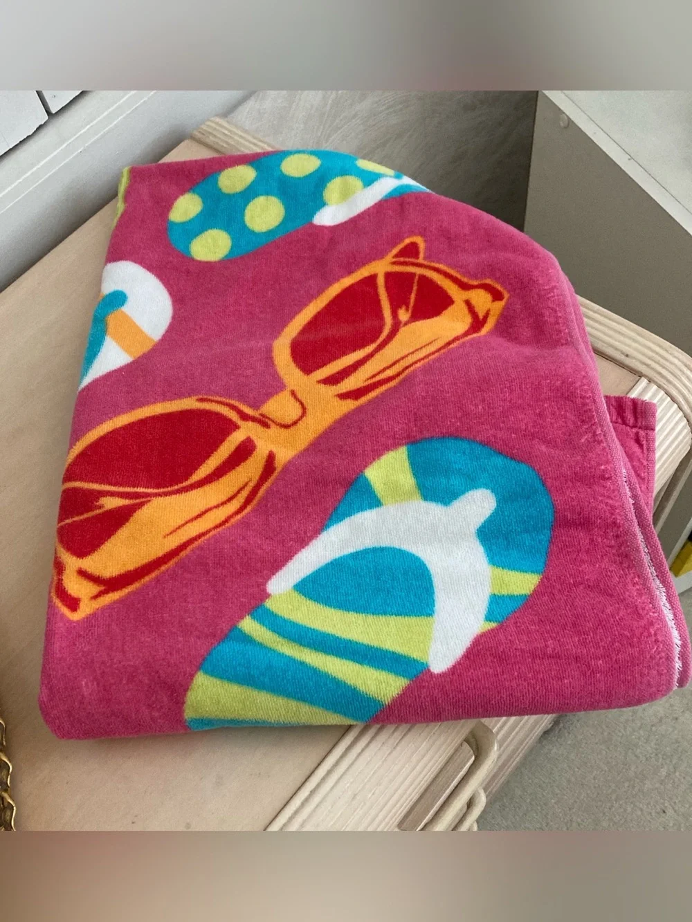 Bright Pink Beach Towel with Sunglasses & Flip Flop Print